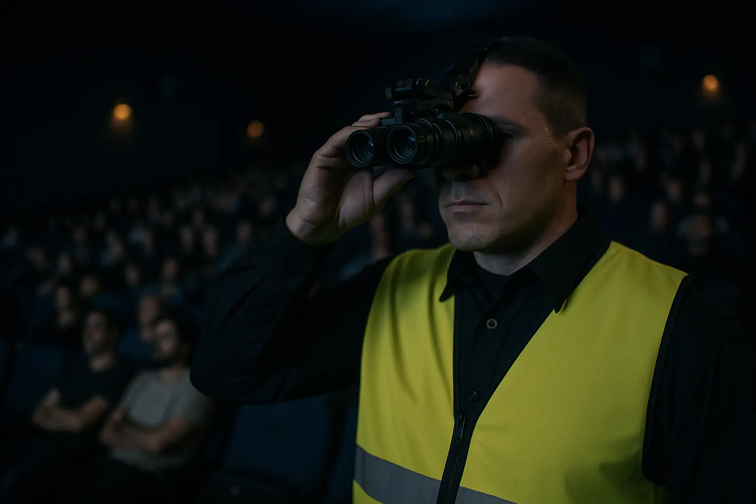 Ein Sicherheitsmitarbeiter ist mit einem Nachtsichtgerät im Einsatz